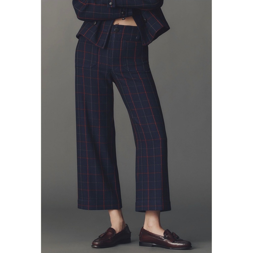MAEVE | The Colette Wide Leg Pants Women 26 Navy Red Plaid Herringbone Crop